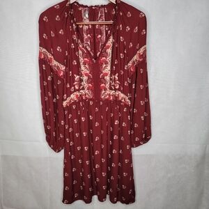 Lucky Brand Short Dress Maroon Red Boho Floral Tie Front V-neck Long Sleeve M